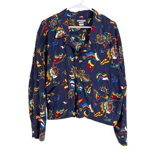 Vintage Spring Nautical Print Button-Up Shirt Size 14 Navy Katherine Marie